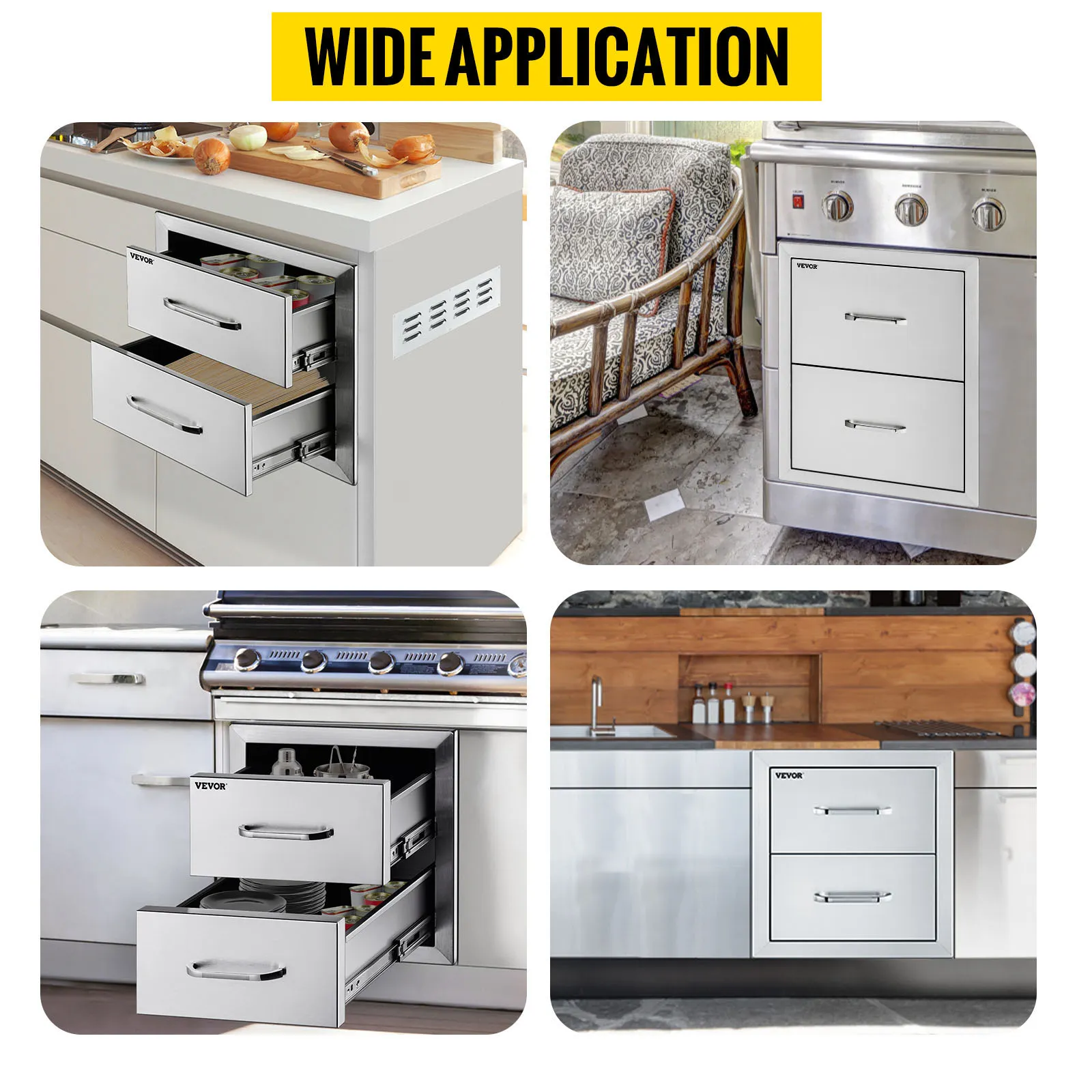 VEVOR outdoor kitchen drawers showcased in diverse settings for versatile use.