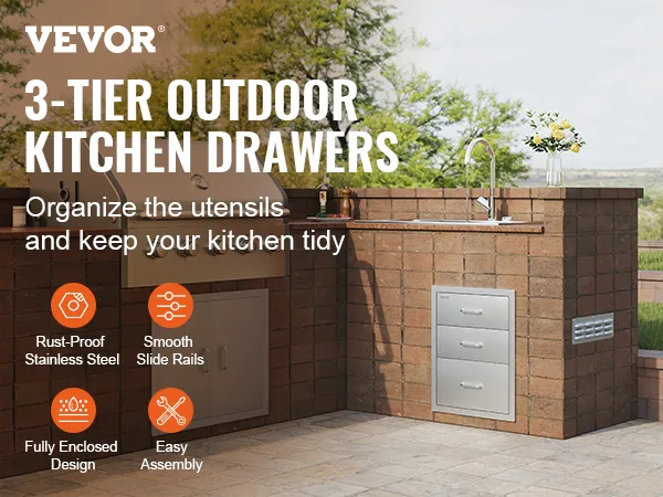 VEVOR-Grillschubladen in einer gemauerten Außenküche mit Grill und Spüle.