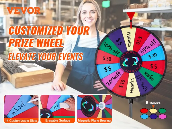 VEVOR spinning prize wheel with 14 customizable slots, erasable surface, and magnetic plane bearing.