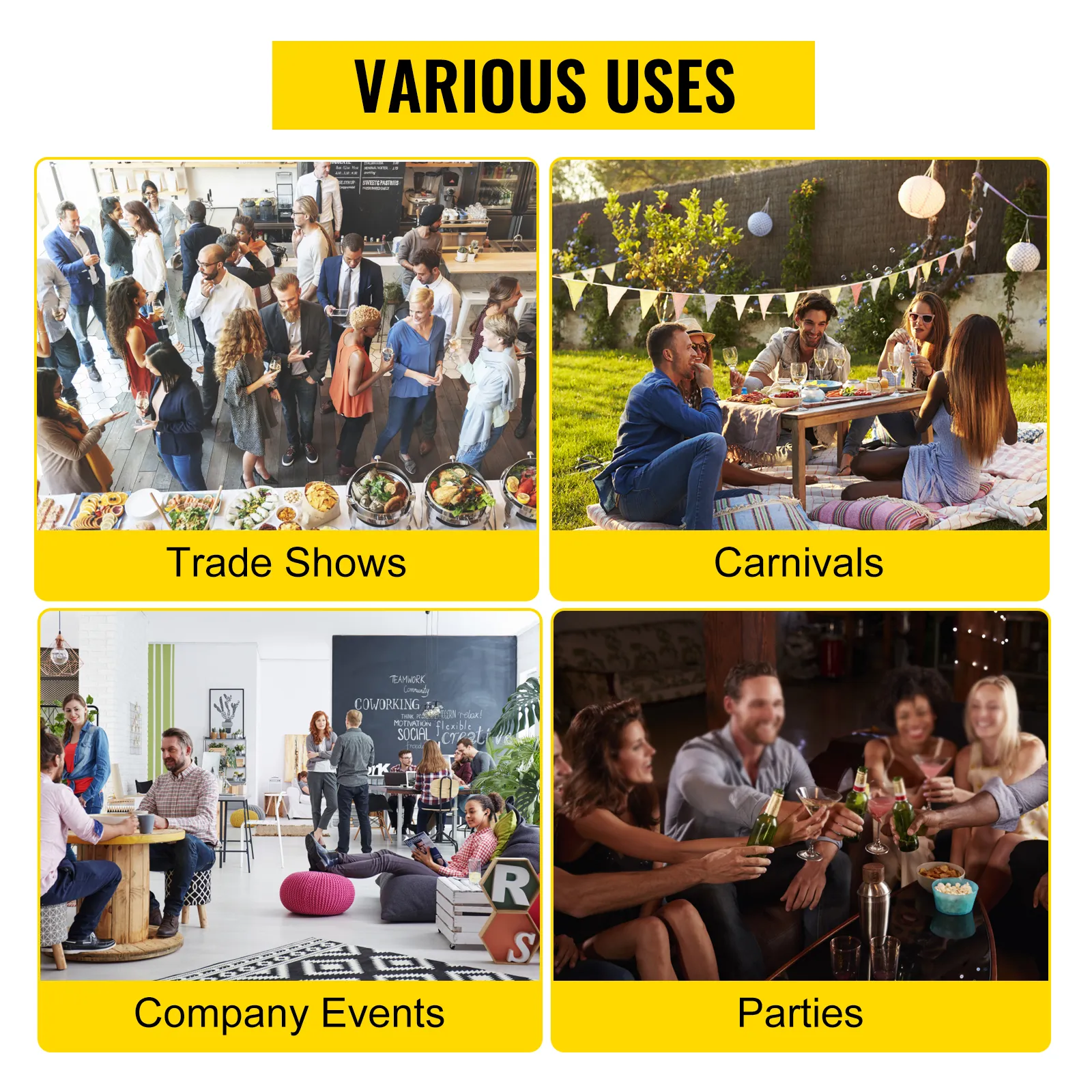 various uses for events including trade shows, carnivals, company events, and parties with VEVOR spinning prize wheel.