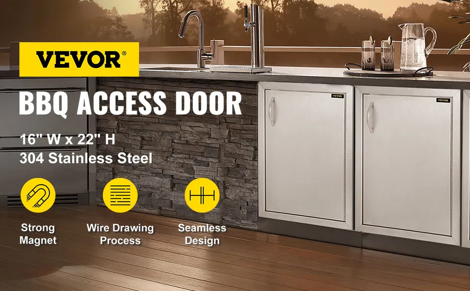 Puerta de acceso a cocina exterior VEVOR, acero inoxidable 304 con imán fuerte y diseño sin costuras.