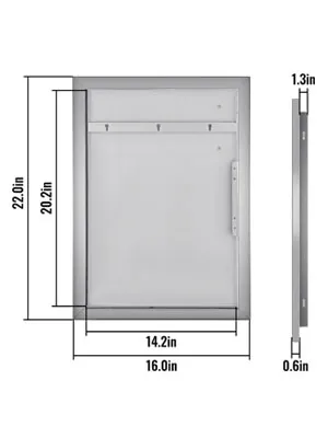 Puerta de acceso a cocina exterior VEVOR con medidas detalladas en pulgadas.