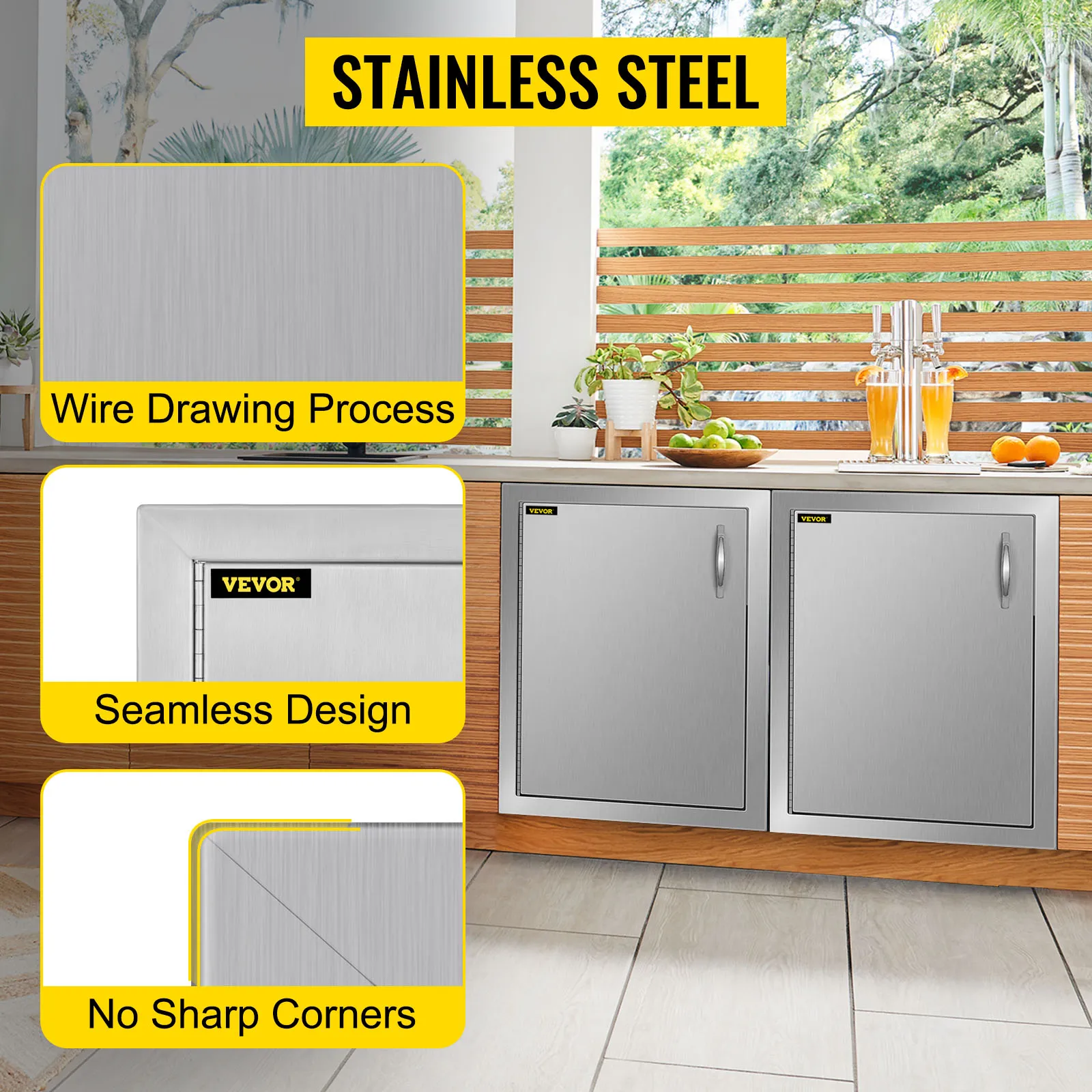 Drzwi dostępowe do kuchni zewnętrznej VEVOR wykonane ze stali nierdzewnej, o bezszwowym kształcie i bez ostrych narożników.