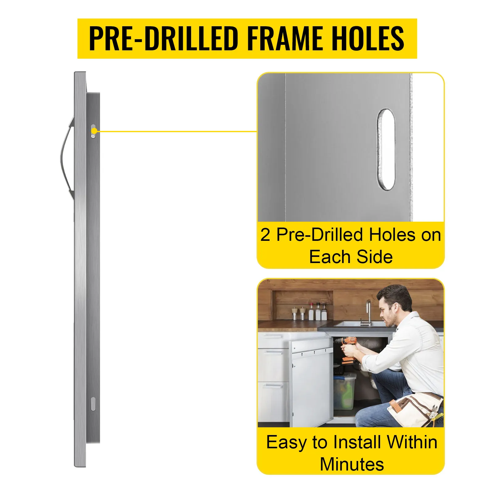 Drzwi dostępowe do kuchni zewnętrznej VEVOR z wstępnie nawierconymi otworami w ramie, co ułatwia montaż.