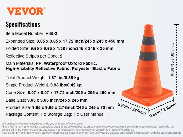 VEVOR safety cones, h45-2 model, 17.72 inch height, reflective stripes, pp, waterproof fabric.