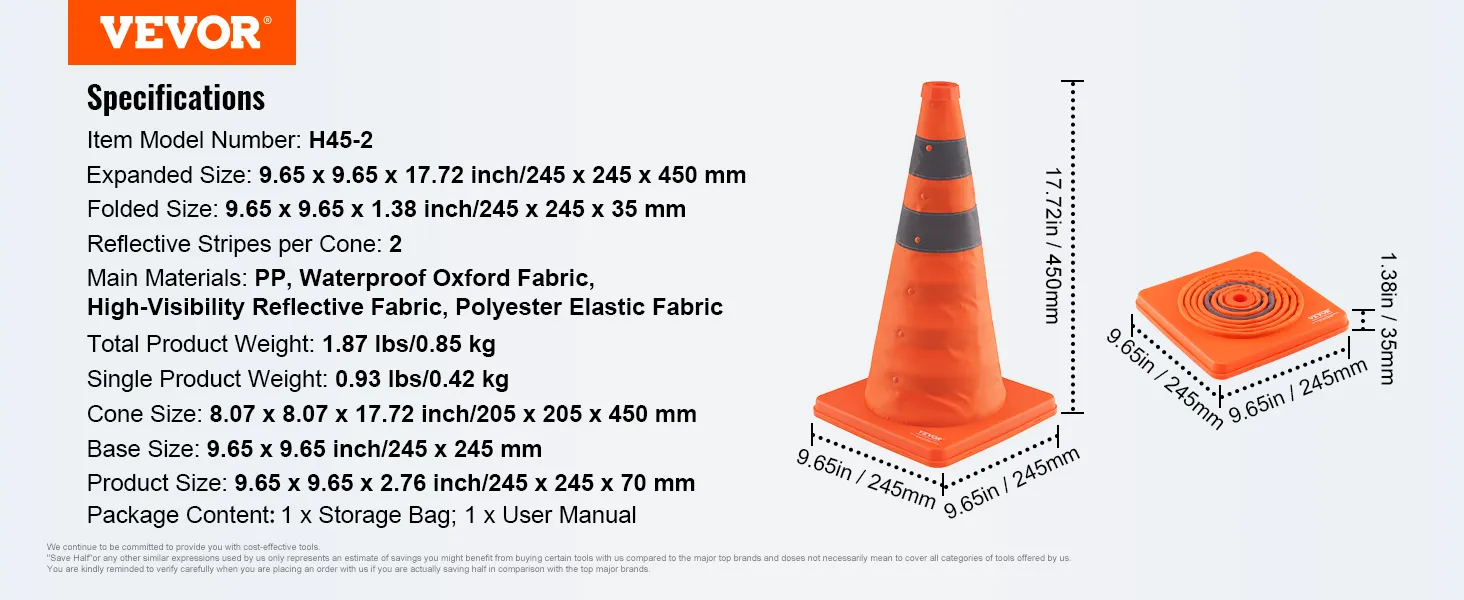 VEVOR safety cones, h45-2 model, 17.72 inch height, reflective stripes, pp, waterproof fabric.