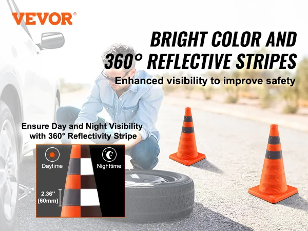 VEVOR safety cones with bright color and 360° reflective stripes enhance visibility for improved safety.