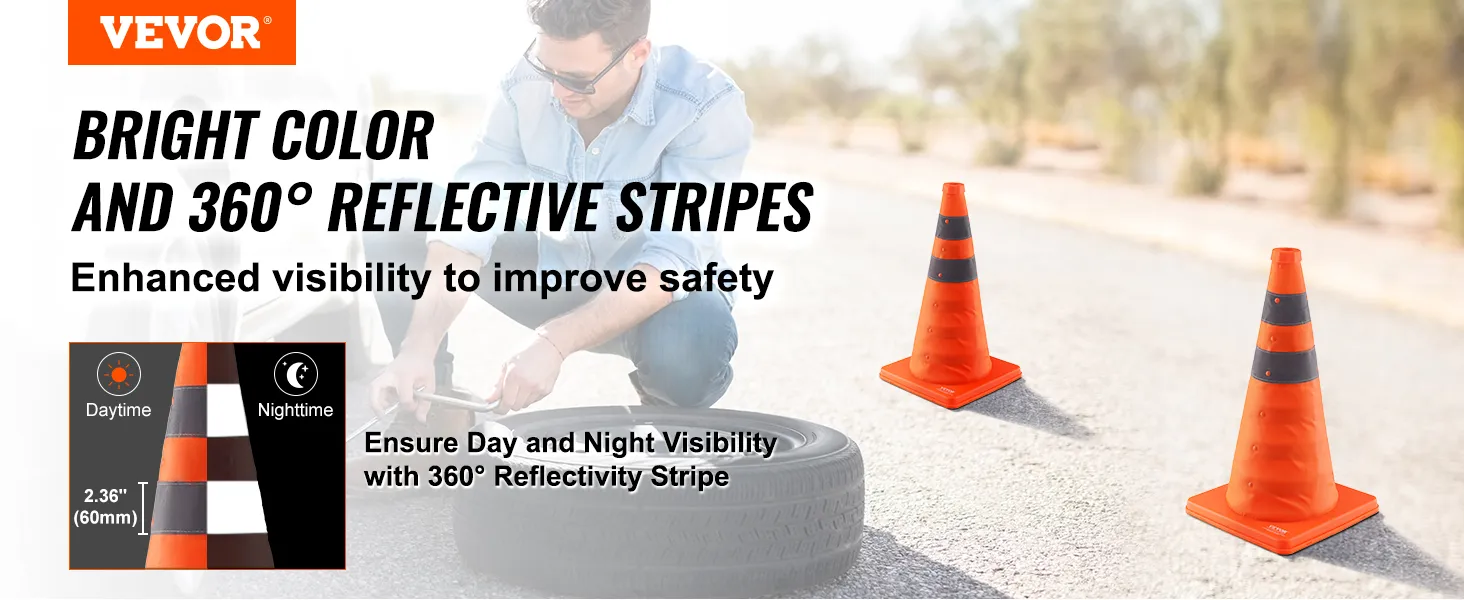 VEVOR safety cones with bright color and 360° reflective stripes enhance visibility for improved safety.