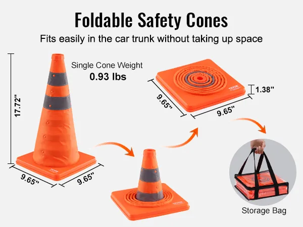 VEVOR safety cones: foldable, lightweight, fits in car trunks, 17.72" high, orange with gray stripes, storage bag included.