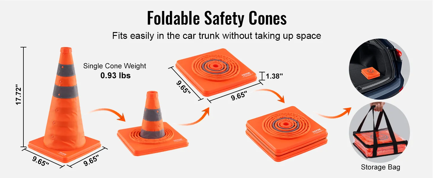 VEVOR safety cones: foldable, lightweight, fits in car trunks, 17.72" high, orange with gray stripes, storage bag included.