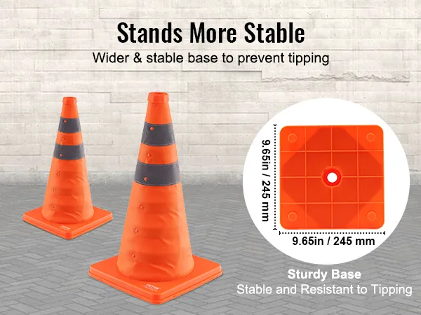 VEVOR safety cones with a wider and stable base of 9.65 inches to prevent tipping.