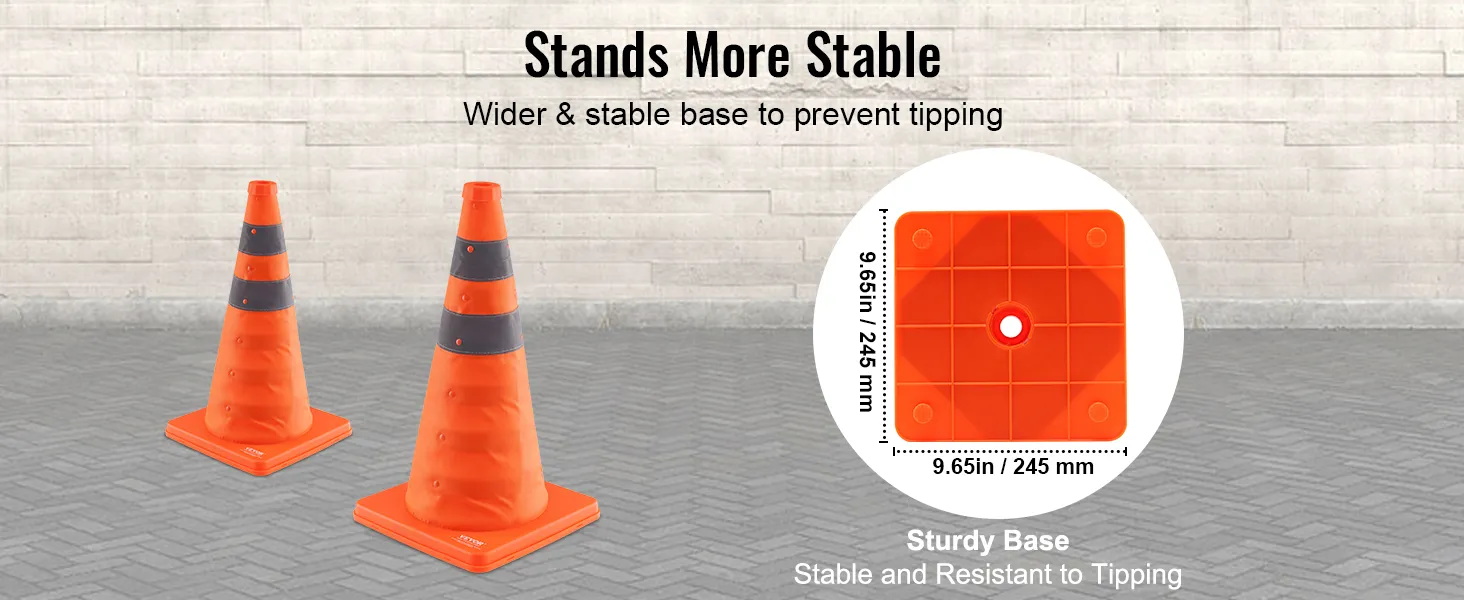VEVOR safety cones with a wider and stable base of 9.65 inches to prevent tipping.