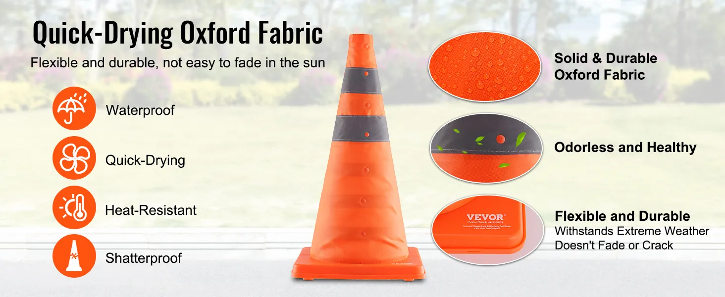 VEVOR safety cones are waterproof, quick-drying, heat-resistant, shatterproof, and made with durable oxford fabric.