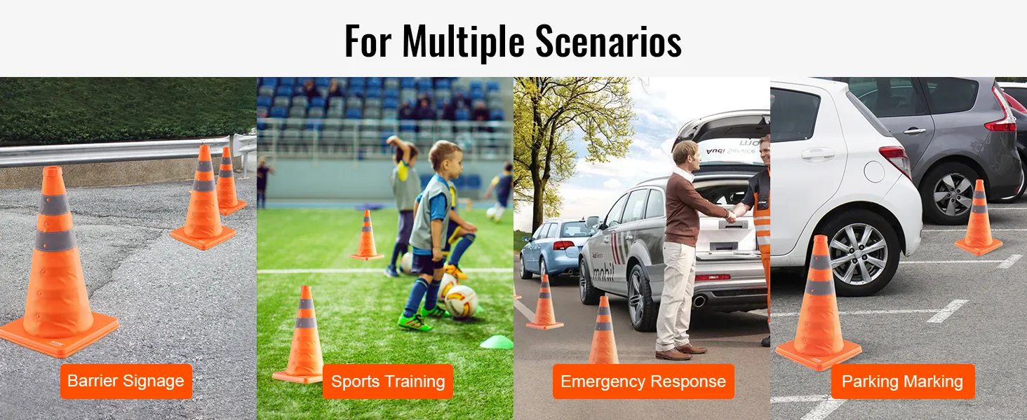 VEVOR safety cones for barrier signage, sports training, emergency response, and parking marking.