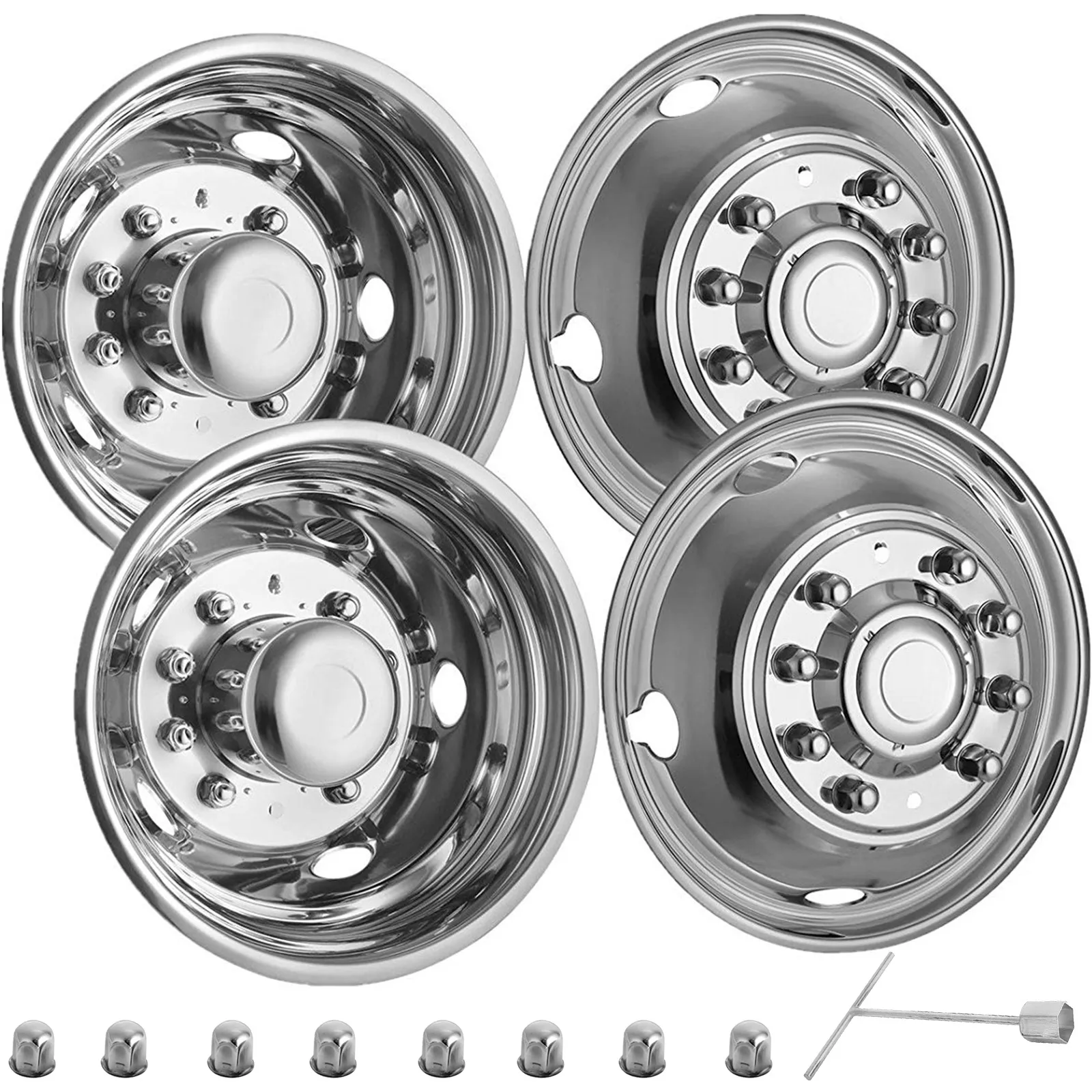 chrome VEVOR wheel simulators for heavy-duty trucks, reflecting light, close-up view.