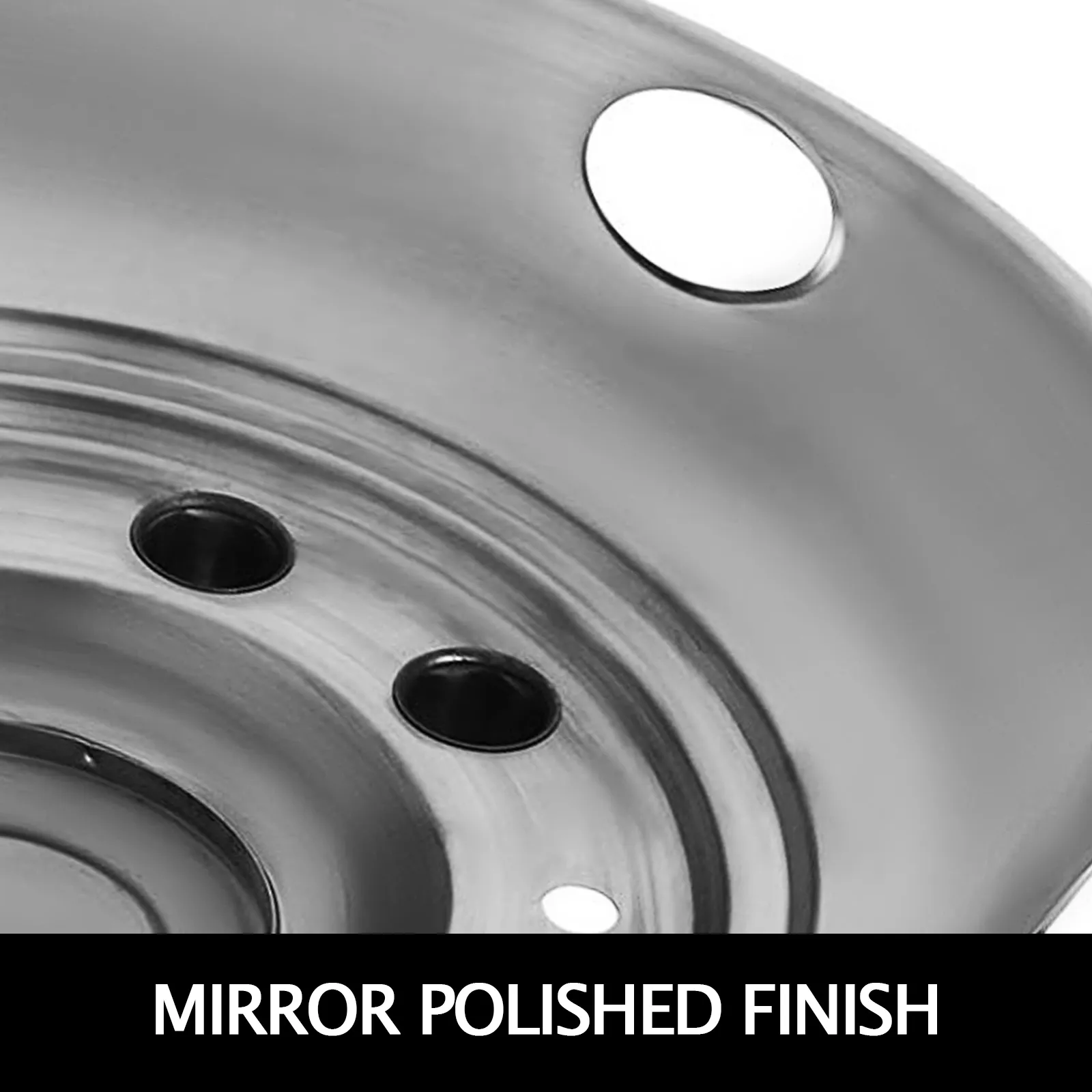 close-up of VEVOR wheel simulators with a mirror polished finish and circular cutouts.
