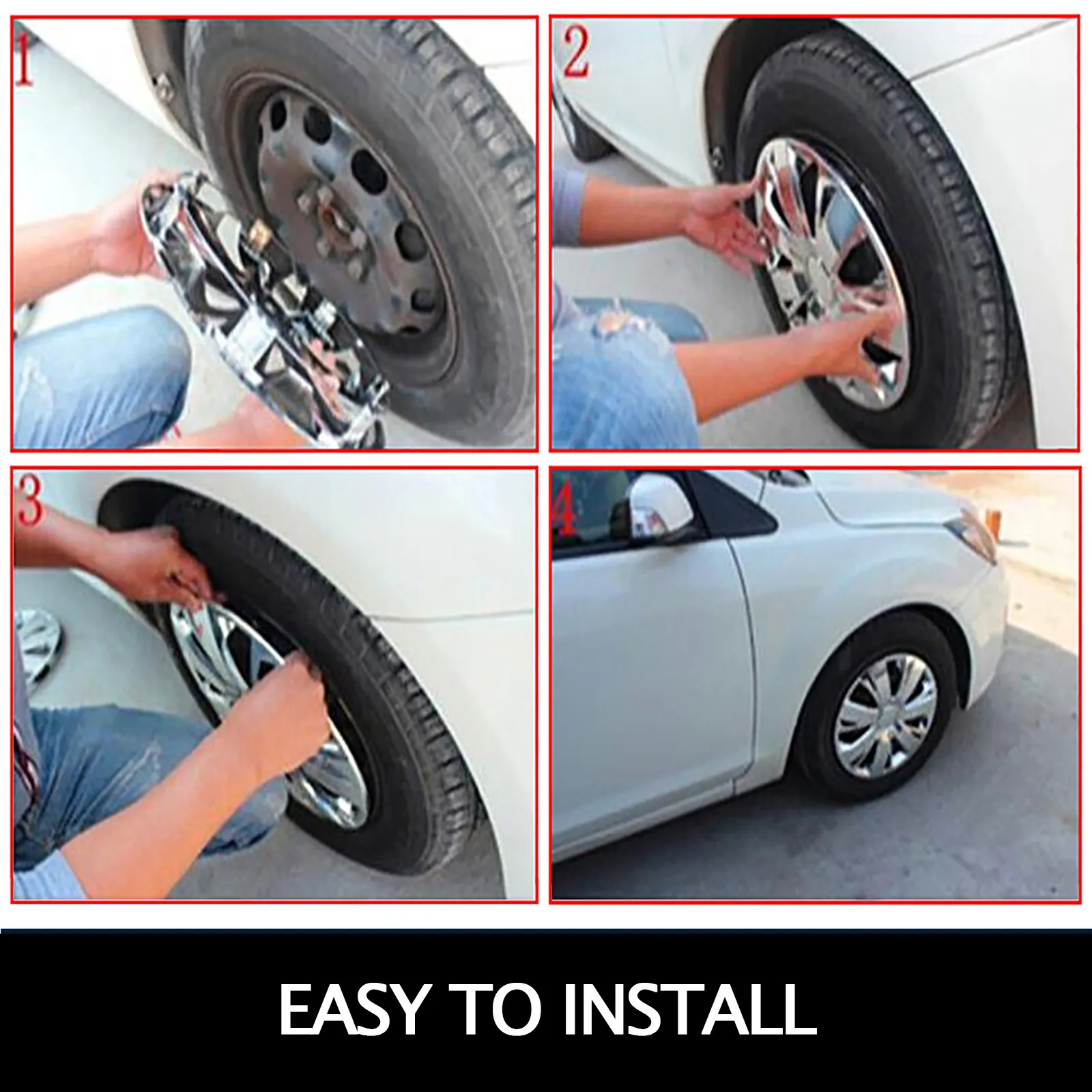 step-by-step installation of VEVOR wheel simulators on a white sedan.