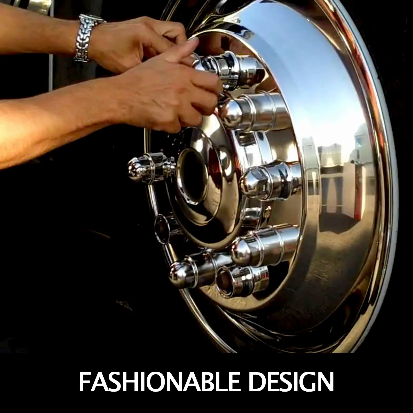 VEVOR wheel simulators being adjusted, showcasing polished chrome finish.