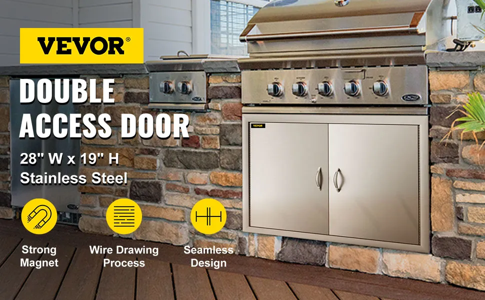 VEVOR bbq access door: double stainless steel door under built-in grill on a stone island.