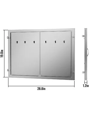 bbq access door, dual doors, stainless steel, dimensions 28x19x1.2 inches.