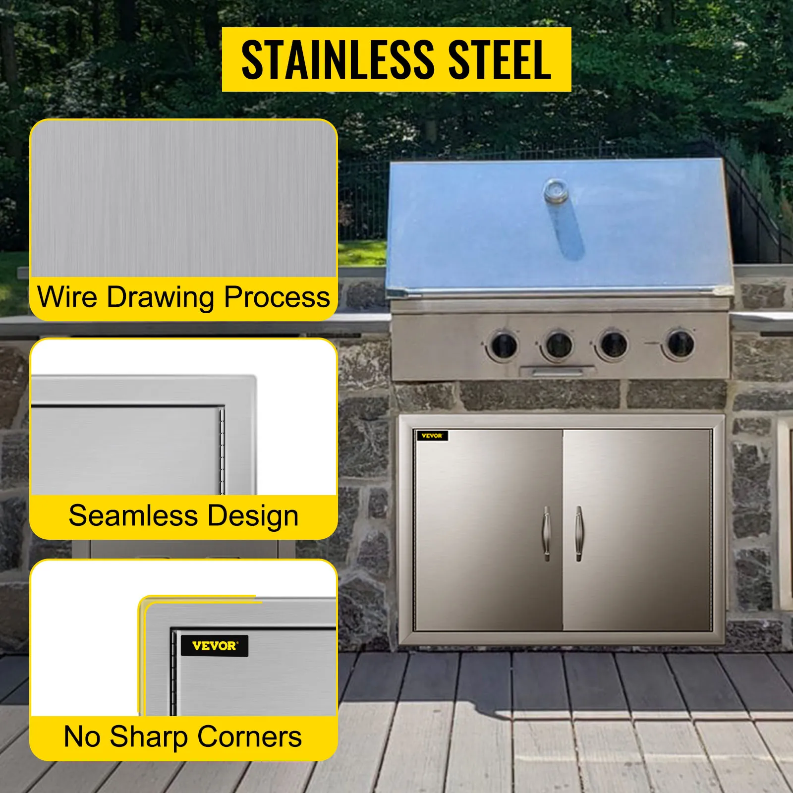 stainless steel outdoor grill with VEVOR bbq access door, showcasing wire drawing process.