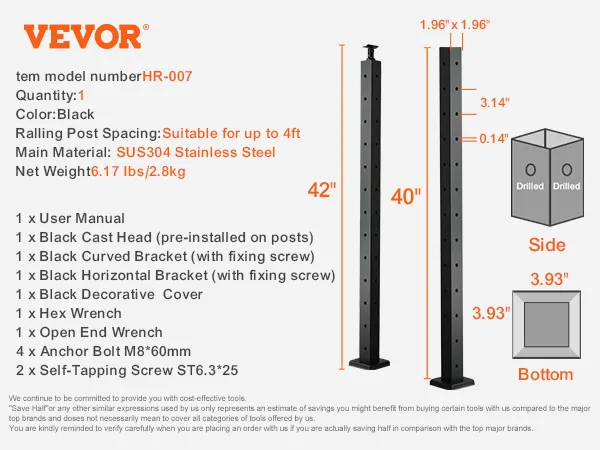 VEVOR cable railing post hr-007 with 12 holes, black sus304 stainless steel, 42" and 40" dimensions and accessories.