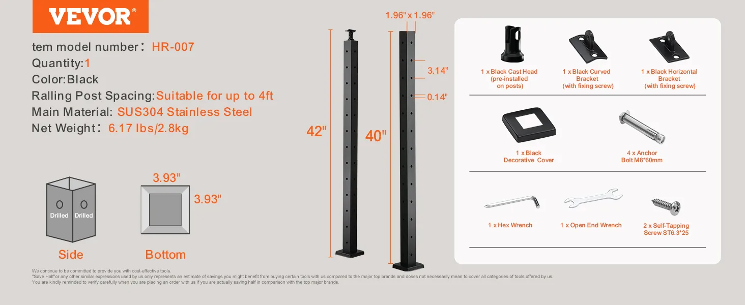 VEVOR cable railing post hr-007 with 12 holes, black sus304 stainless steel, 42" and 40" dimensions and accessories.