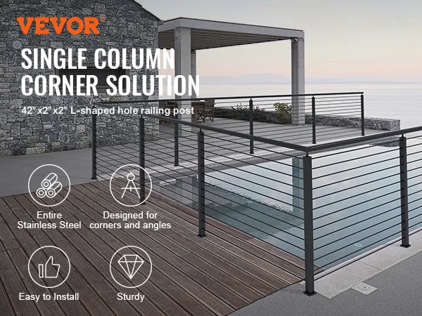 VEVOR cable railing post on a corner deck overlooking the ocean and reflecting pool. stainless steel design.