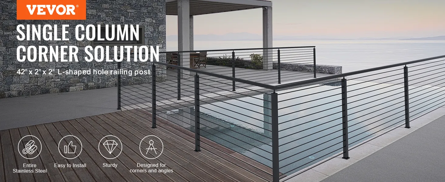 VEVOR cable railing post on a corner deck overlooking the ocean and reflecting pool. stainless steel design.