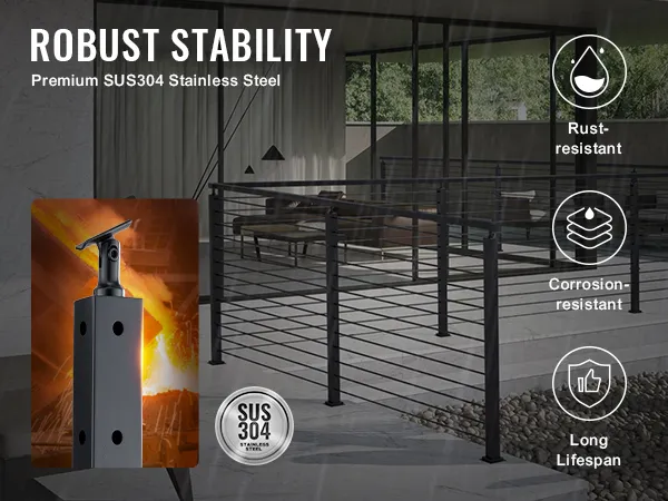 VEVOR cable railing post made of sus304 stainless steel, showcasing rust resistance, corrosion resistance, and long lifespan.