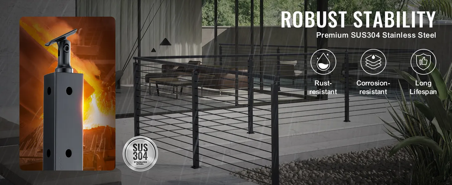 VEVOR cable railing post made of sus304 stainless steel, showcasing rust resistance, corrosion resistance, and long lifespan.