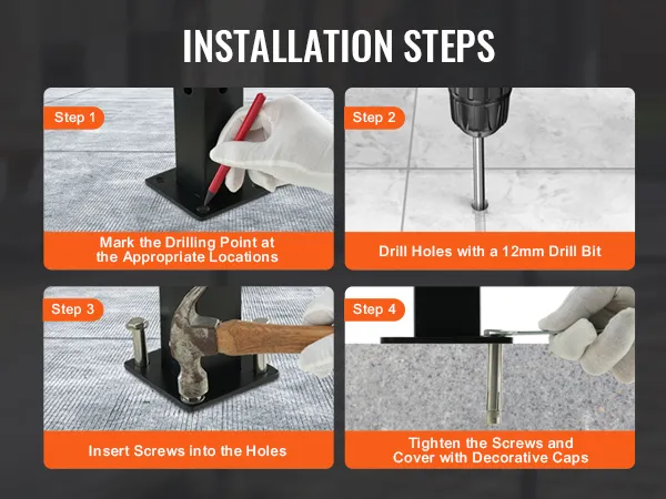 installation steps for VEVOR cable railing post with marking, drilling, inserting screws, and tightening.