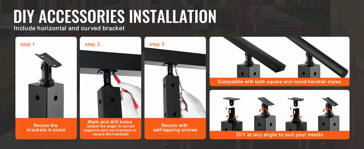 diy installation of VEVOR cable railing post with horizontal and curved bracket; secure, mark, screw.