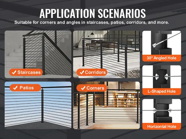 VEVOR cable railing post for staircases, corridors, patios, and corners with various hole options.