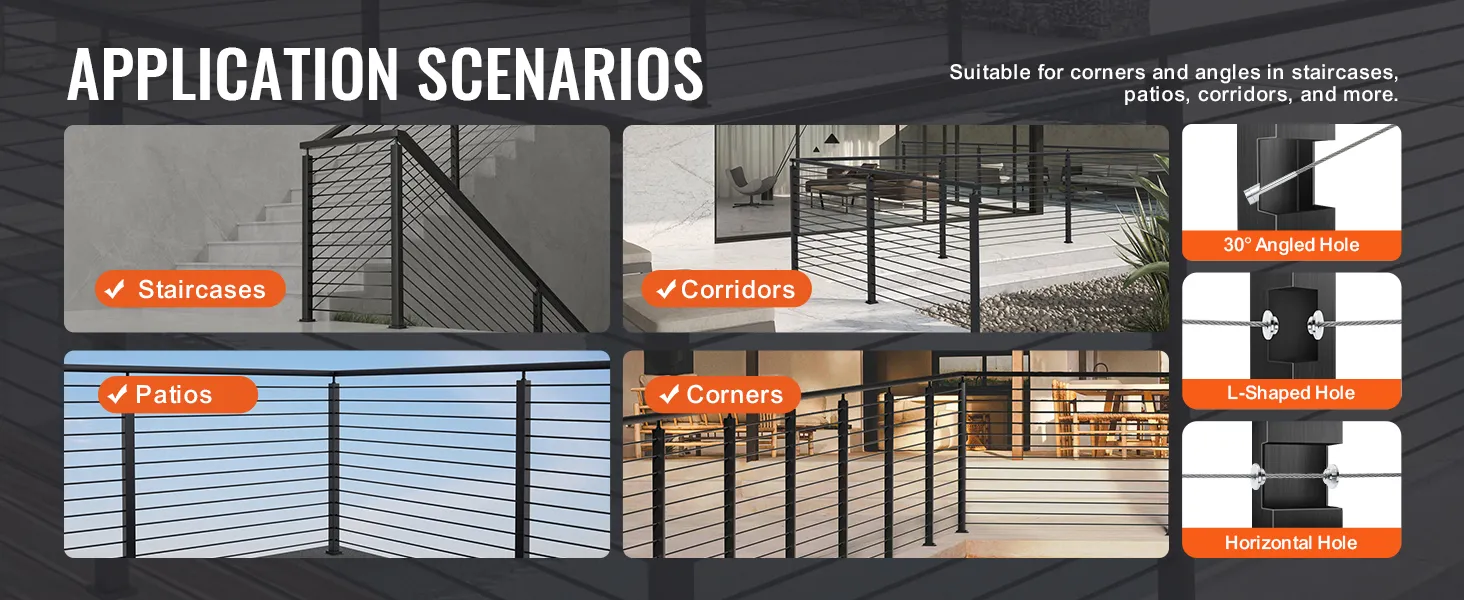 VEVOR cable railing post for staircases, corridors, patios, and corners with various hole options.