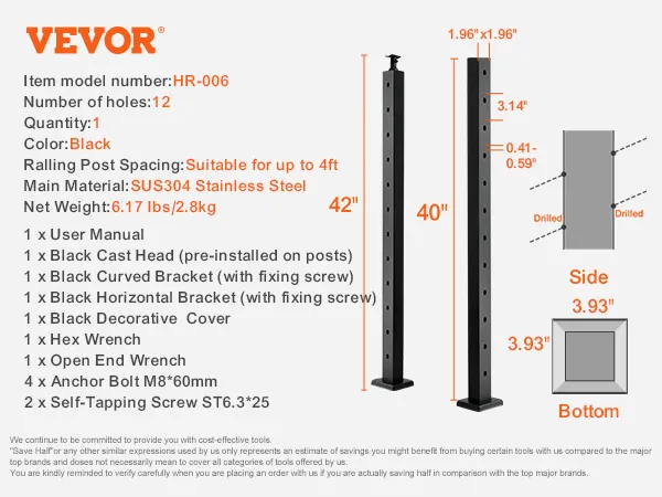 VEVOR cable railing post hr-006, black, sus304 stainless steel, 42" and 40", with 12 holes and accessories.