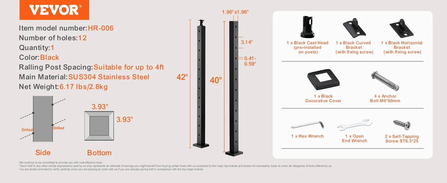 VEVOR cable railing post hr-006, black, sus304 stainless steel, 42" and 40", with 12 holes and accessories.