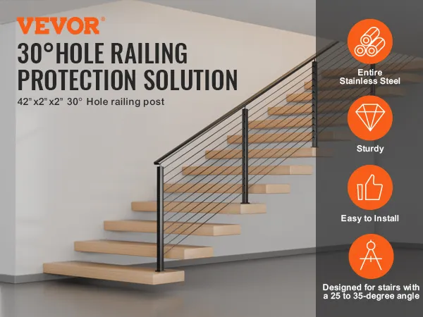 VEVOR cable railing post for 30-degree stairs, stainless steel, sturdy, easy to install.