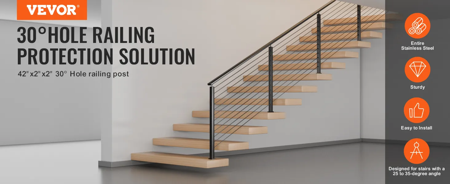 VEVOR cable railing post for 30-degree stairs, stainless steel, sturdy, easy to install.