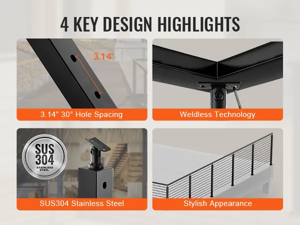 4 key design highlights of VEVOR cable railing post: 3.14" spacing, sus304 stainless steel, weldless technology, stylish.