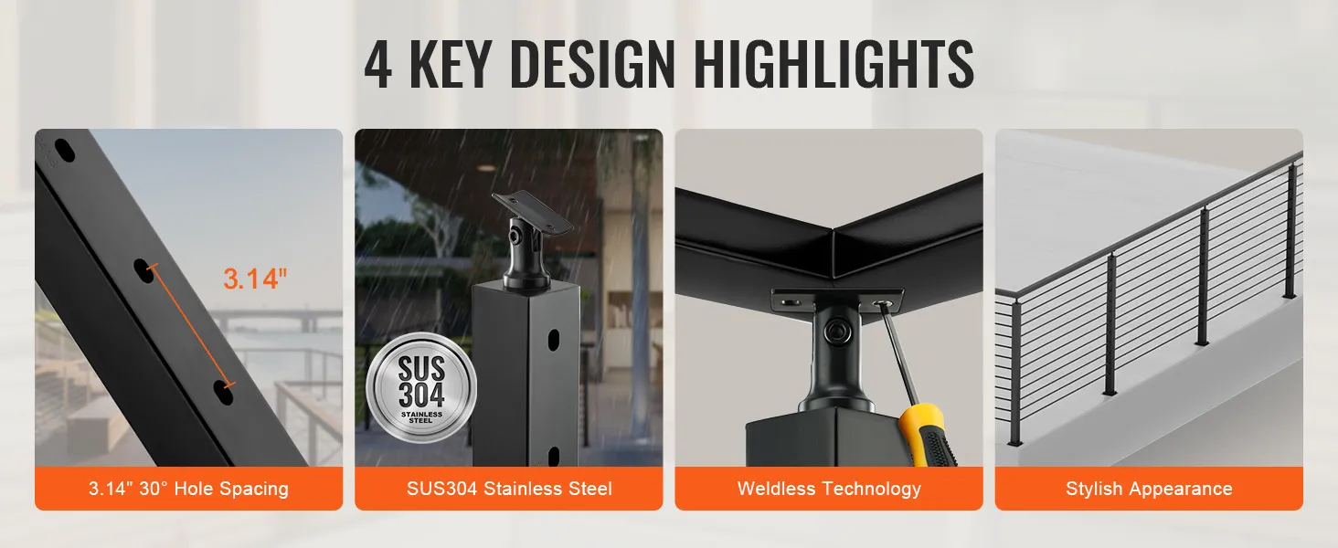4 key design highlights of VEVOR cable railing post: 3.14" spacing, sus304 stainless steel, weldless technology, stylish.