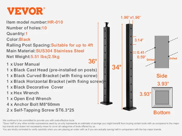 VEVOR cable railing post hr-010, black sus304 stainless steel, 36" height, 10 holes, with accessories.