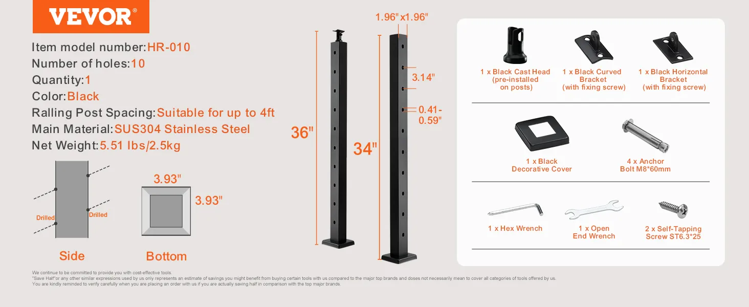 VEVOR cable railing post hr-010, black sus304 stainless steel, 36" height, 10 holes, with accessories.