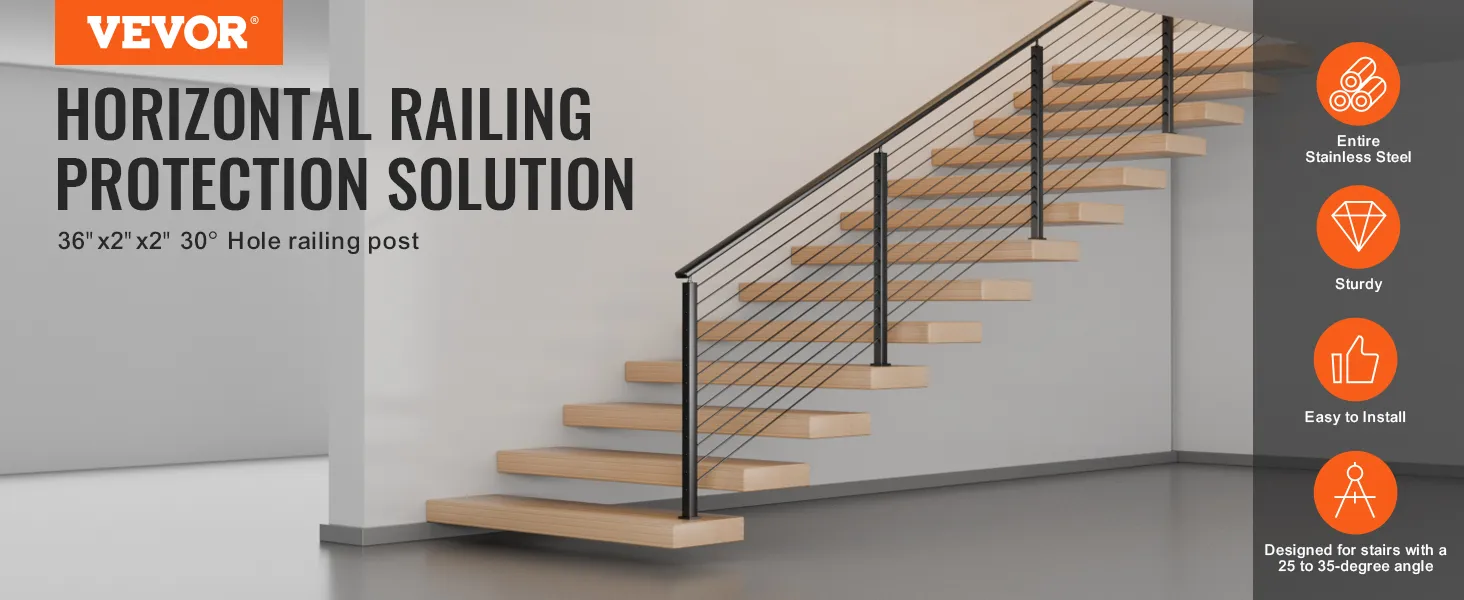 VEVOR cable railing post for horizontal railing protection, 36"x2"x2", stainless steel, easy installation.