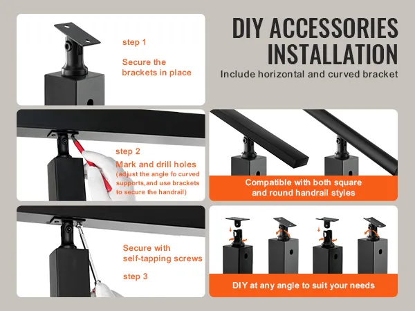 diy accessories installation steps for VEVOR cable railing post, including horizontal and curved brackets.