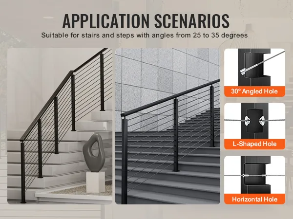 VEVOR cable railing post for stairs with 30° angled hole, l-shaped hole, and horizontal hole.