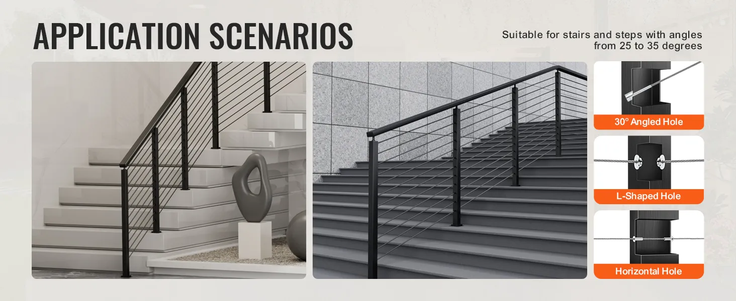 VEVOR cable railing post for stairs with 30° angled hole, l-shaped hole, and horizontal hole.