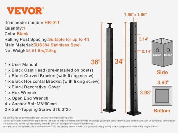 VEVOR cable railing post hr-011, 36" high, black, with 10 holes, sus304 stainless steel, accessories included.