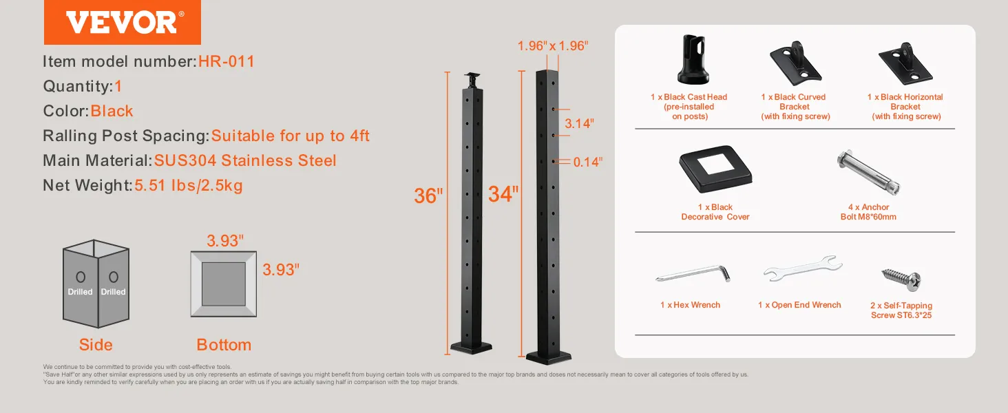 VEVOR cable railing post hr-011, 36" high, black, with 10 holes, sus304 stainless steel, accessories included.