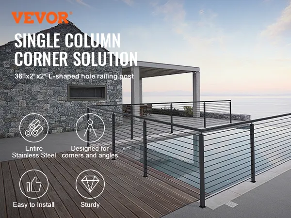 VEVOR cable railing post: single column corner solution with stainless steel posts and ocean view.